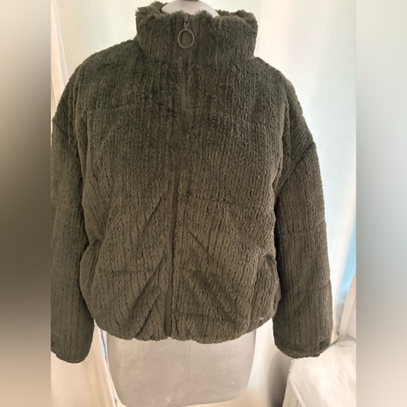 Sherpa Puffer Jacket Plush Zip Up Coat Army Green, Cozy Faux Fur Sz Small - Picture 2 of 16